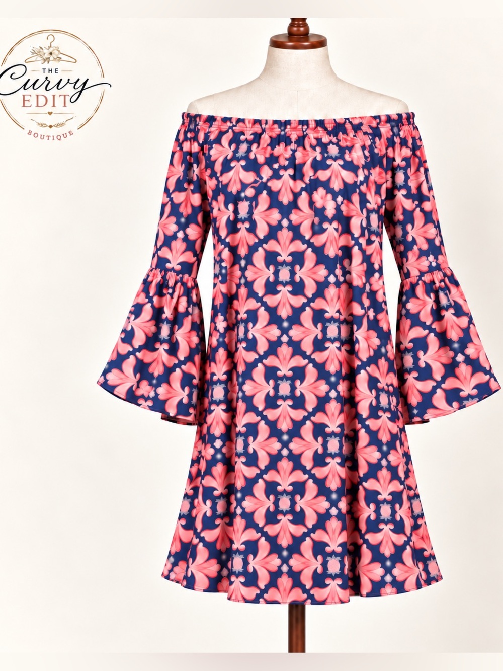 Simply Southern Navy Pink Floral Off Shoulder Bell Sleeve Boho Dress XL NWT